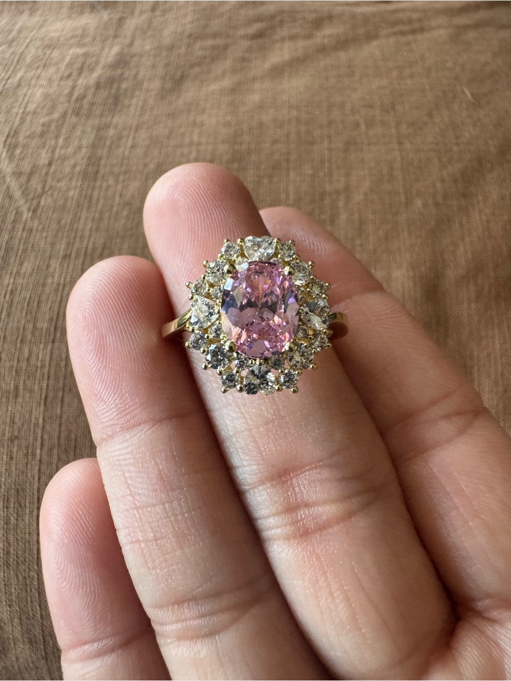 Gold Filled with Rose Pink and Clear Zirconias Statement Cocktail Ring - size 8